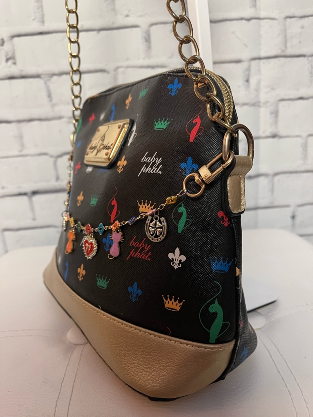 Baby Phat Black Multicolor Charm Crossbody with Gold Trim and Chain - Picture 5 of 10